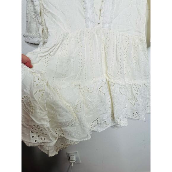 N12H White Cotton Eyelet Pure Peasant Three Quarter Sleeve Poppy Dress XS US 0 - Picture 10 of 16